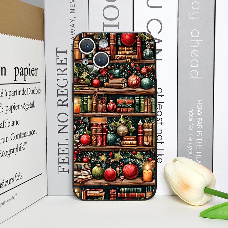 Christmas Decorations Bookshelf Book Print Phone Case for IPhone 16 12 11 14 13 15 Pro Max Mini X XS XR SE2 7 8 Plus Soft Cover