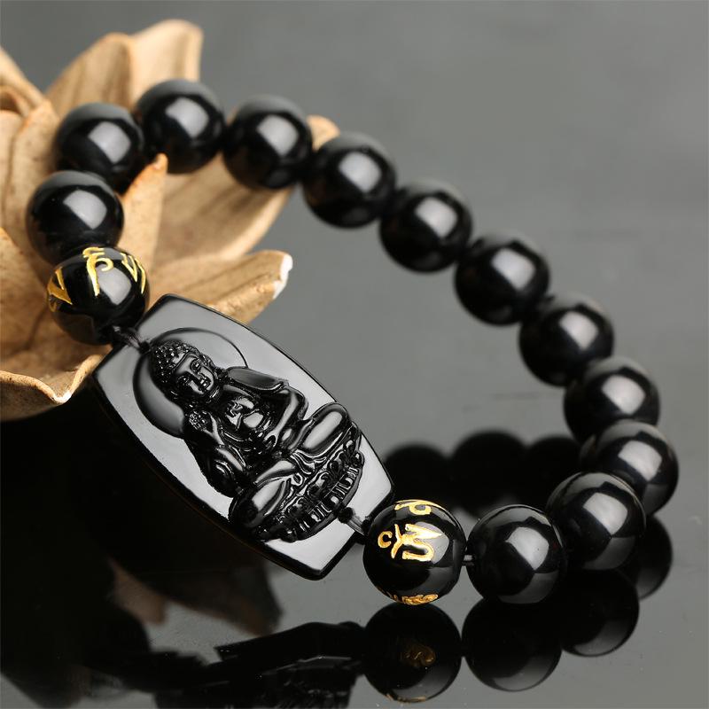 Obsidian Zodiac Guardian Buddha Bracelet for Couples – Guanyin & Eight Gods, Unisex