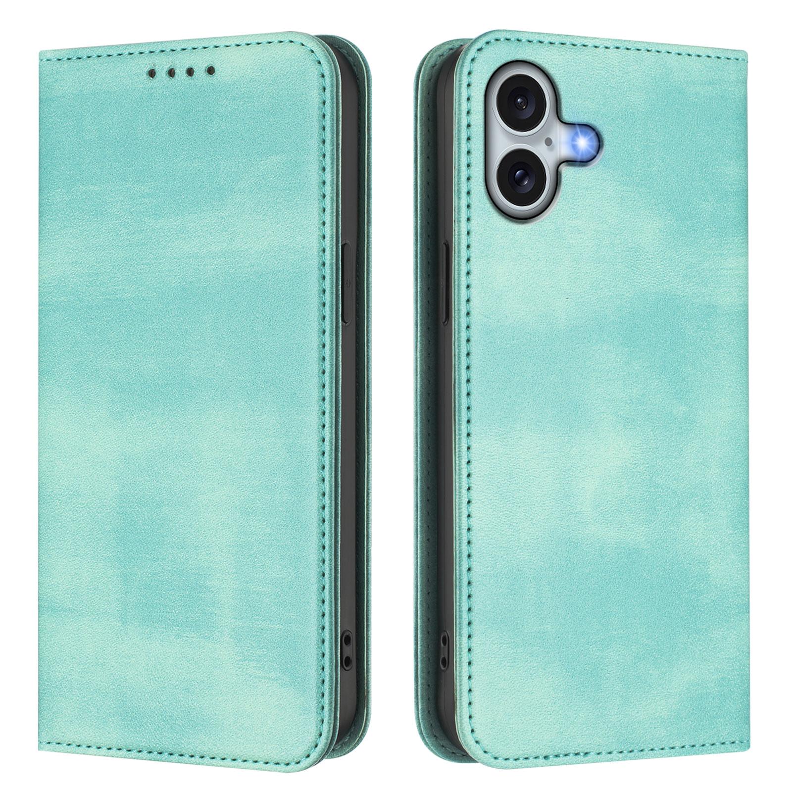 

For iPhone 16 Plus Wallet Cases Retro Texture RFID Blocking Leather Phone Cover Mint Green