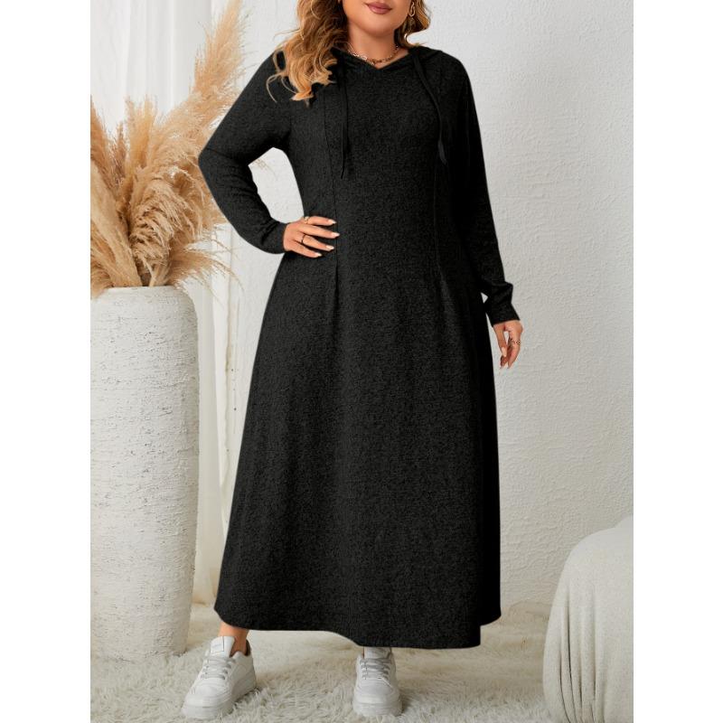 

Плюс Размер Женщин Повседневное Платье С Капюшоном Осенние Платья А-силуэта С Приталенными Талией 1XL чёрный