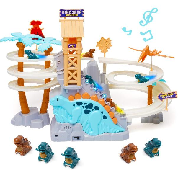 Dinosaur Chasing Race Track Game Set Double Loop Track Slide Toy Climb Stairs Toy Roller Coaster Toy with Music Educational Puzzle Playsets Gift for