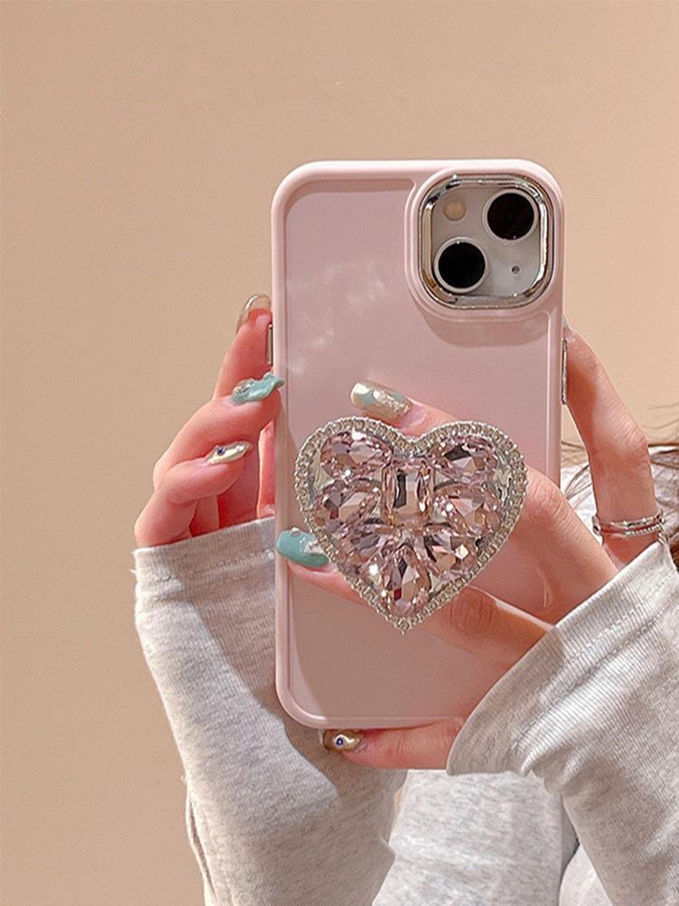 Shiny Rhinestone Heart Stand Phone Case for Apple 17, 16Promax, 15Pro, 11