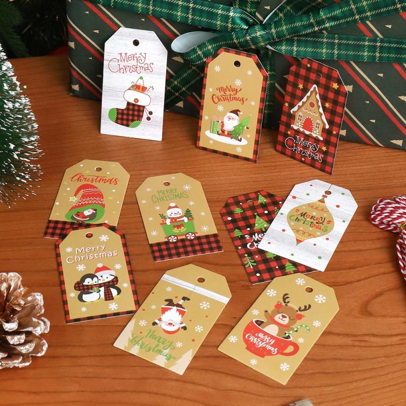 50Pcs Christmas Brown Kraft Paper Gift Tags with Jute And Baker Rope for DIY Xmas Holiday Present Wrap Stamp Navidad Decoration