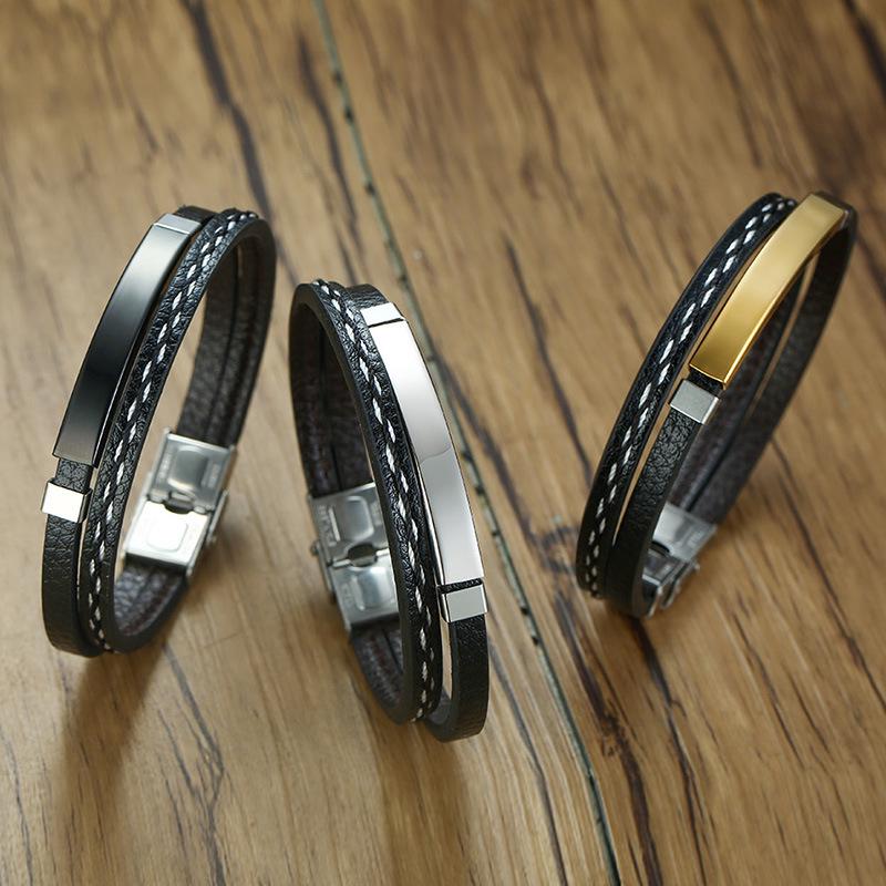 Men's Black Stainless Steel & Braided PU Leather Bracelet - European & American Style, Curved Design, BL-474