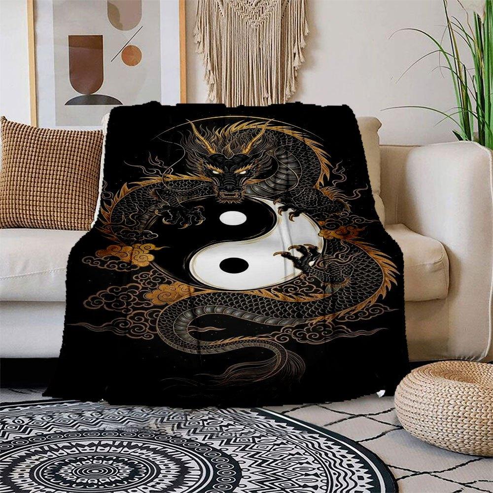 

Yin Yang Dragon Tattoo Design - Spiritual Balance Symbol Artwork Blanket Flannel Throw Blanket for Sofa, Bed, Travel, Camping, Office, Couc 150x180cm