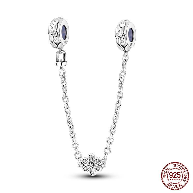 Real 925 Silver Stars & Moon Sunflower Safety Chains Spacer Beads Charms Fit Qikaola 925 Bracelets DIY Jewelry