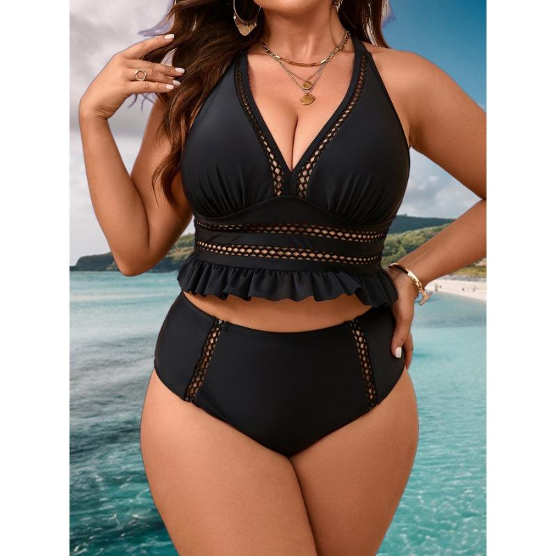 Women S Plus Size Solid Black Split Sexy Backless High Waist Swimsuit