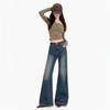 Retro pocket design jeans women's autumn and winter elastic American style old drape Spice girl horn pants