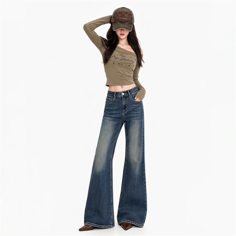 Retro pocket design jeans women's autumn and winter elastic American style old drape Spice girl horn pants
