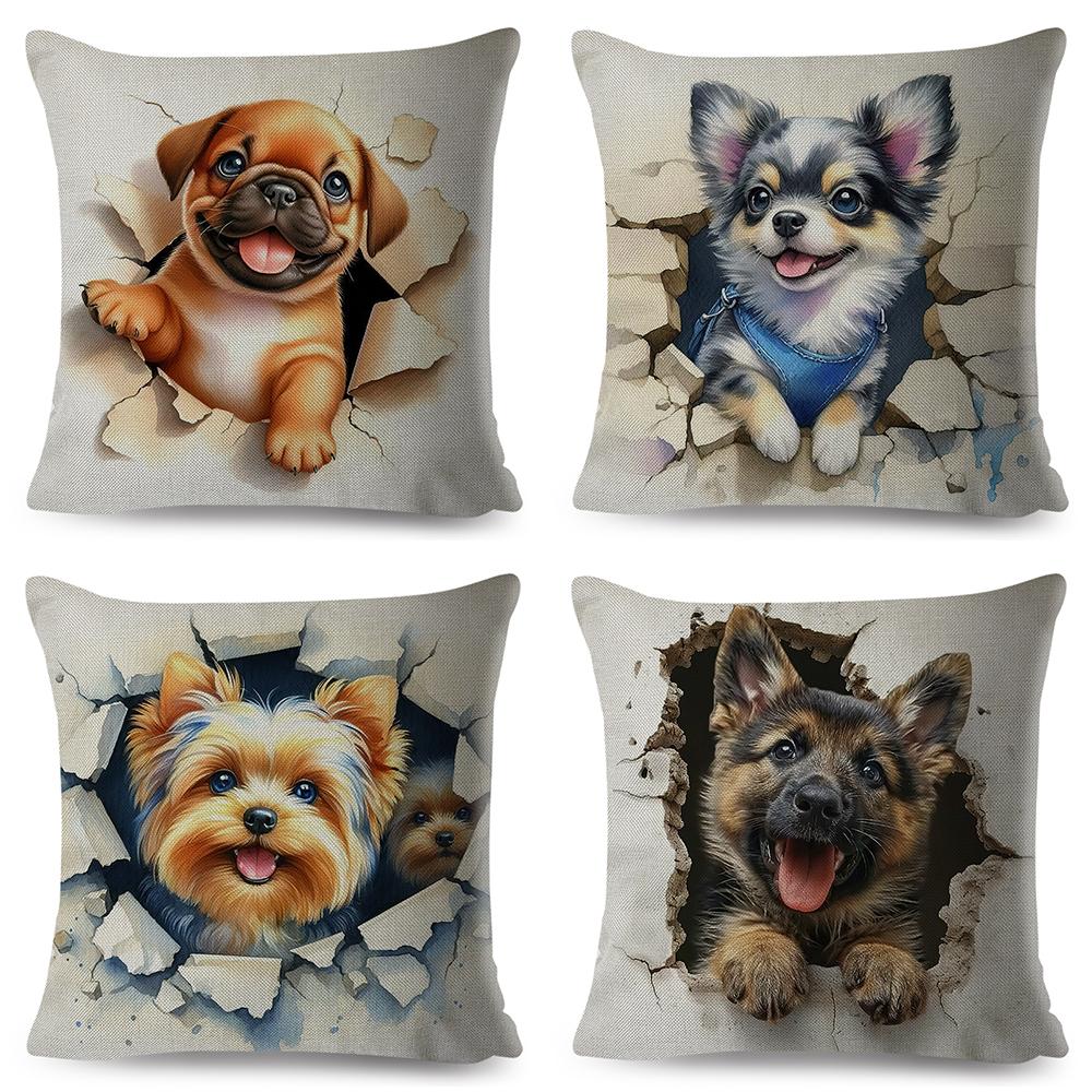 3D Crack Wall Lifelike Puppy Print Throw Pillow Cover Gentle Skin Touch Sofa Bedroom Household Decor Present
