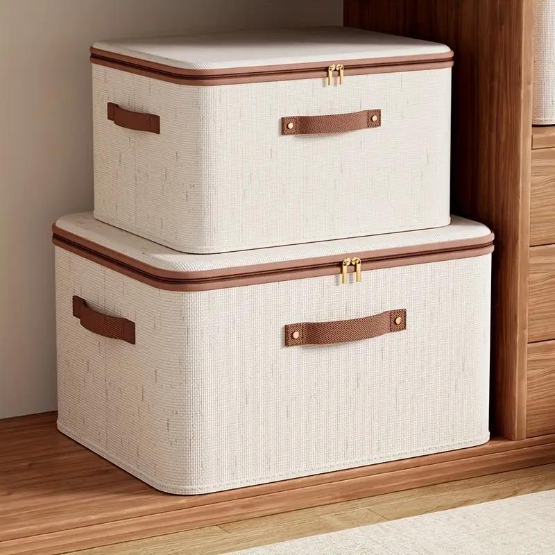 56L Large Capacity Linen Storage Box Double Zipper and Leather Handles Foldable Under-Bed Organizer with Lid for Clothes Storage Organizer