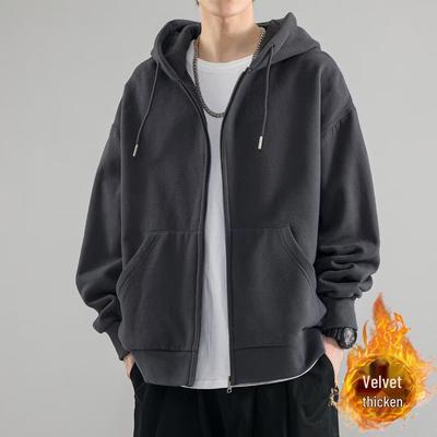 Men's Casual Velvet-Lined Zipper Hoodie - Solid Color, Versatile & Fashionable for Autumn & Winter
