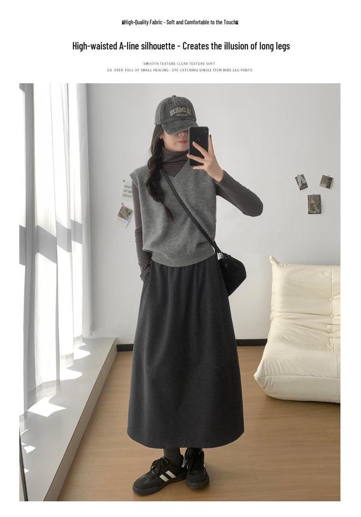 Women's Woolen Patchwork A-line High-waisted Skirt - Autumn/Winter, Slimming, Versatile, Mid-length Drape Design