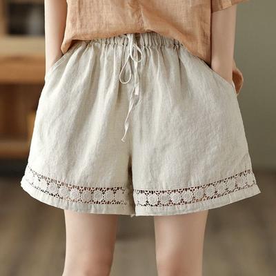 Pantaloncini Corti Estivi Floreali in Lino tinta unita, Pizzo, Vita Elastica Ampia, Pantaloncini Boho da Spiaggia Donna