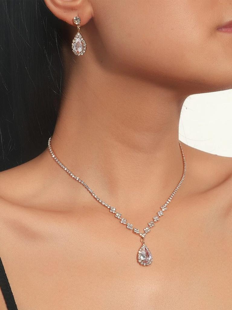 3 Pieces of Women's Fashionable Diamond Water Droplet Necklace with Earrings Set, Banquet and Party Accessories