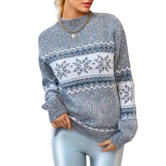 

Зимний женский рождественский свитер с полувысоким воротником, цветной узор со снежинками, длинный рукав, трикотаж, плотный S серый