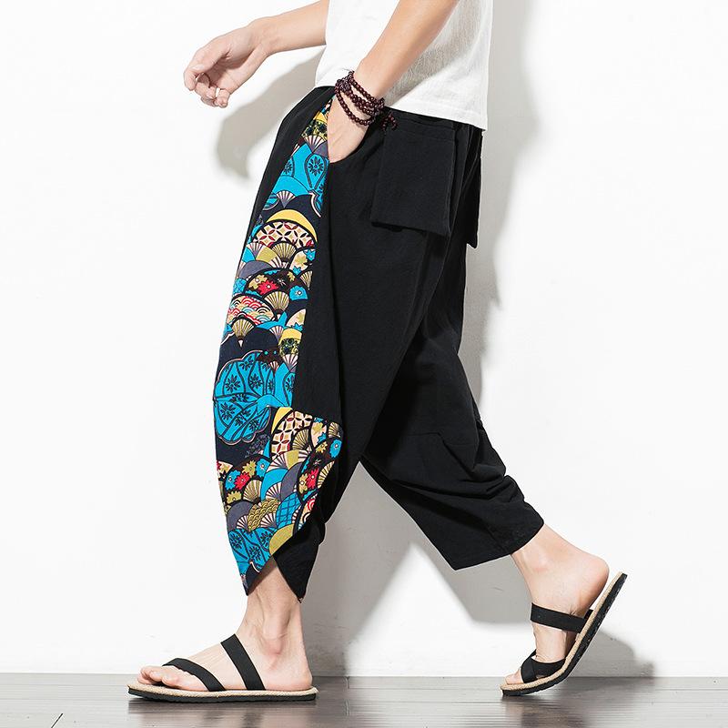 Summer Men Harajuku Harem Pants Cotton Joggers Calf-Length Pants Male Vintage Chinese Style Print Trousers
