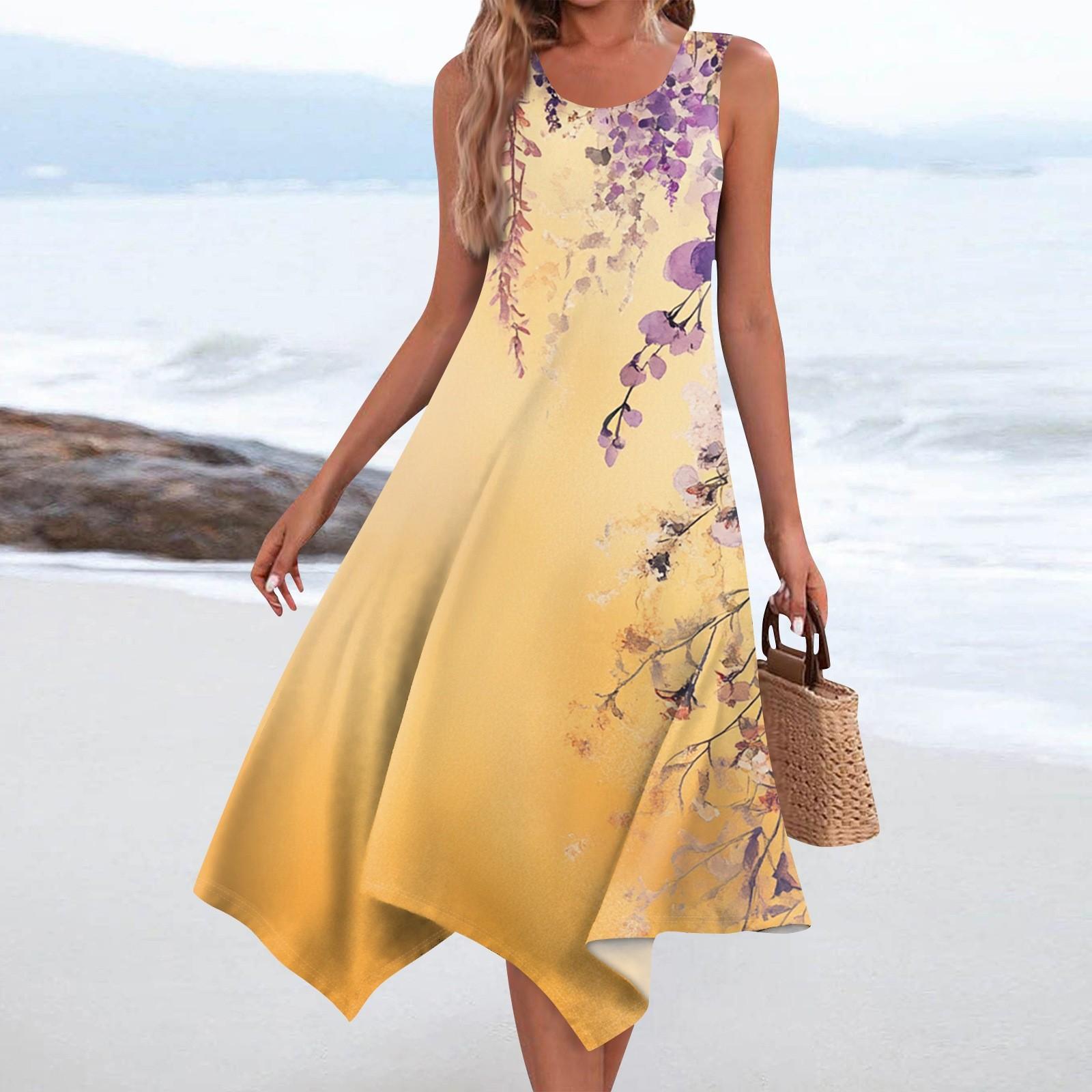 

Женское повседневное модное платье средней длины с круглым вырезом без рукавов с винтажным цветочным принтом и неровным подолом M оранжевый