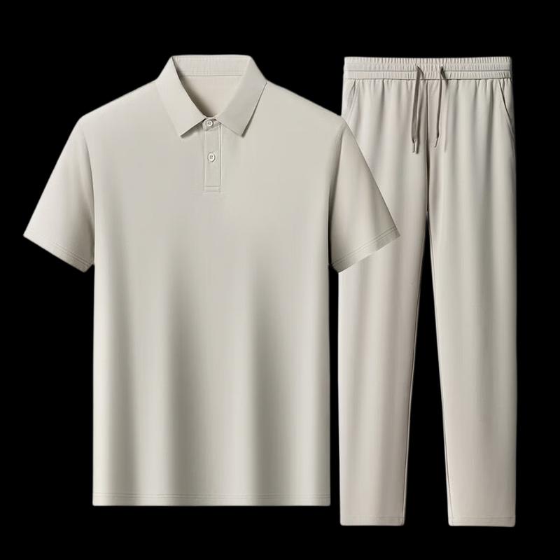 ROMON Men's Ice Silk Polo Shirt & Casual Trousers Set