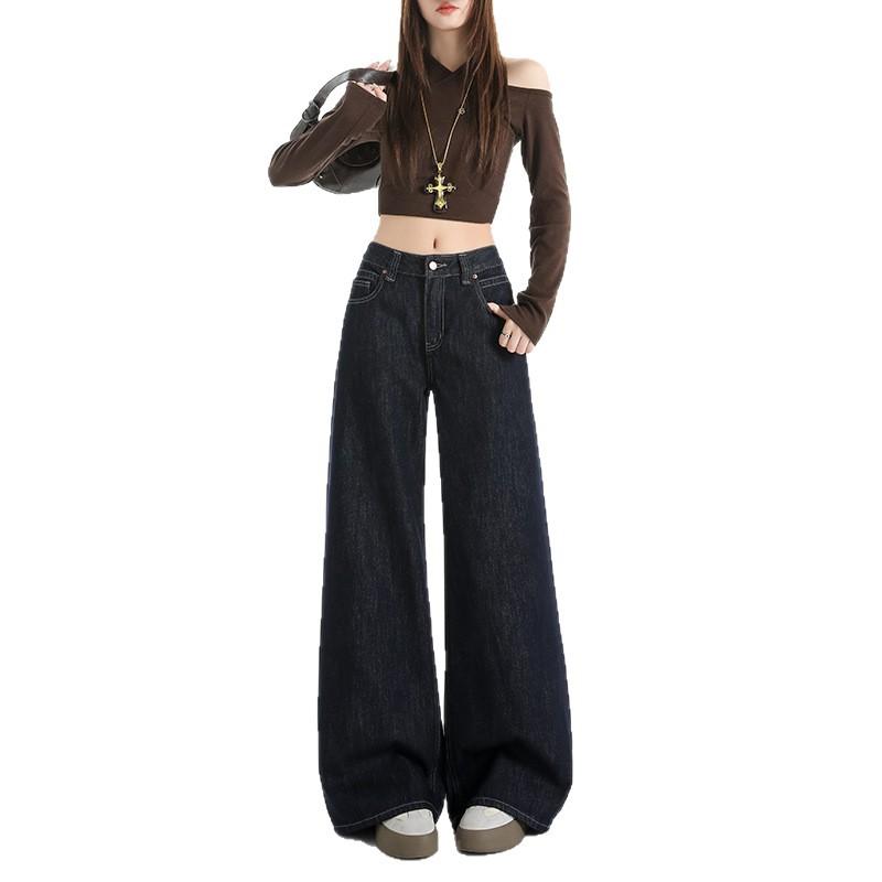 Paris buckle dark blue wide-leg jeans women's autumn and winter new medium and high waist straight tube versatile and thin long pants