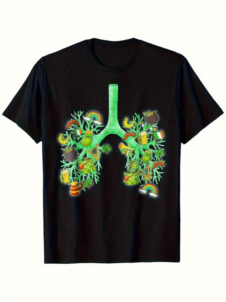 St Patrick Day Lung Graphic Tee Respiratory Therapist Nurse Irish Shamrock Print Casual T-Shirt Men Women