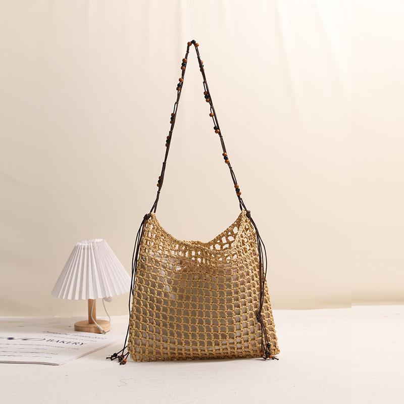 IELGY Wooden Bead One-Shoulder Square Straw Bag Holiday Style Hollow Woven Beach Bag