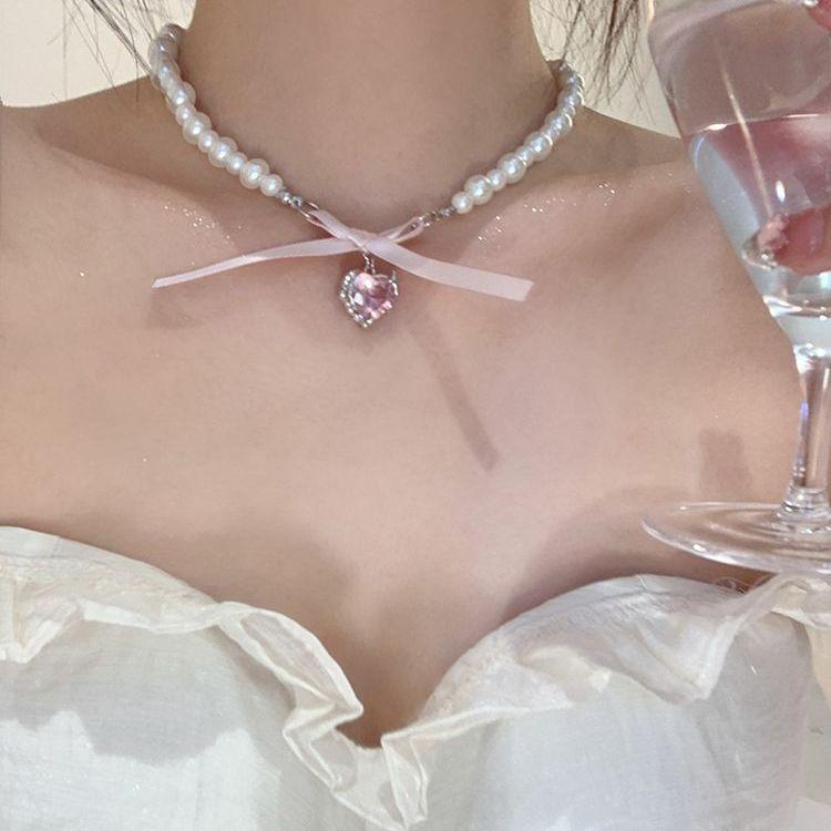 Sweet Love Bow Pearl Necklace Girls Summer Accessories Sweet Love Bow Pearl Necklace Versatile