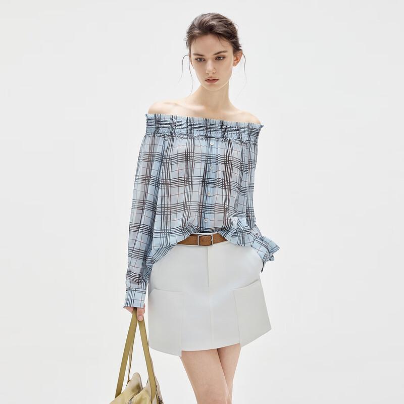 ELLE Plaid Off-Shoulder Chiffon Puff Sleeve Blouse M
