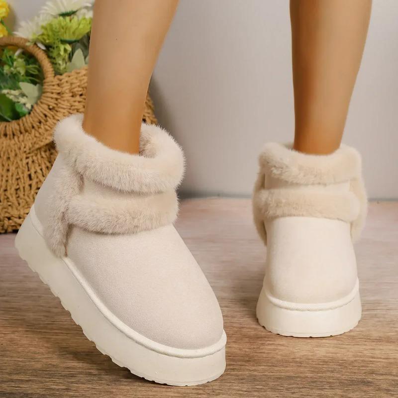 Women Snow Boots White Plush  Winter Snow Boots Flat Bottomed Short Tube Thick Sole Platform Comfort Warm Snow Cotton Shoes