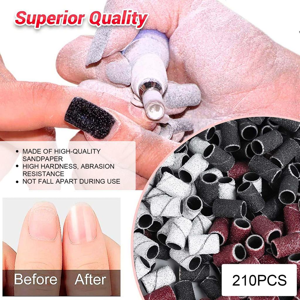 210pcs Professional Manicure Pedicure Sanding Bands Nail Drill Bits 80# 120# 180# Grit