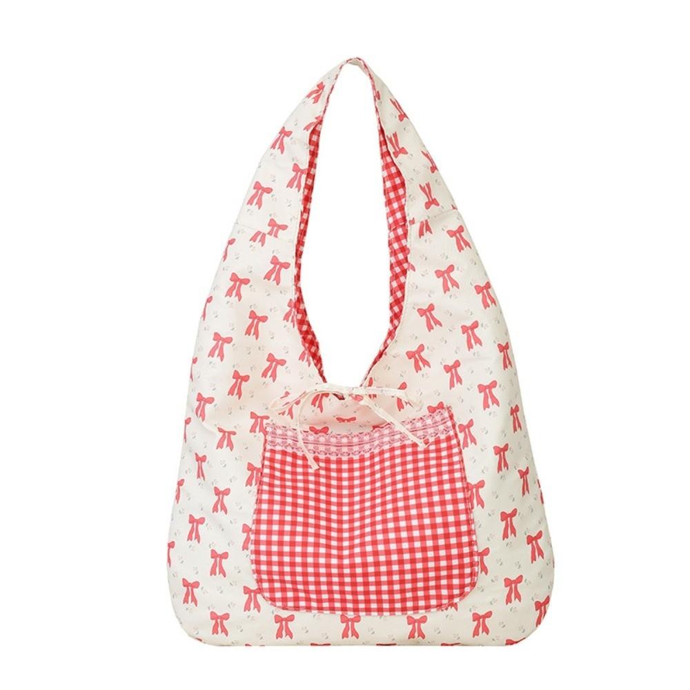 Sweet Plaid Nylon Vest Pouch Lace Decoration Tote Bag Simple Women Bow Printed Handbag  Storage