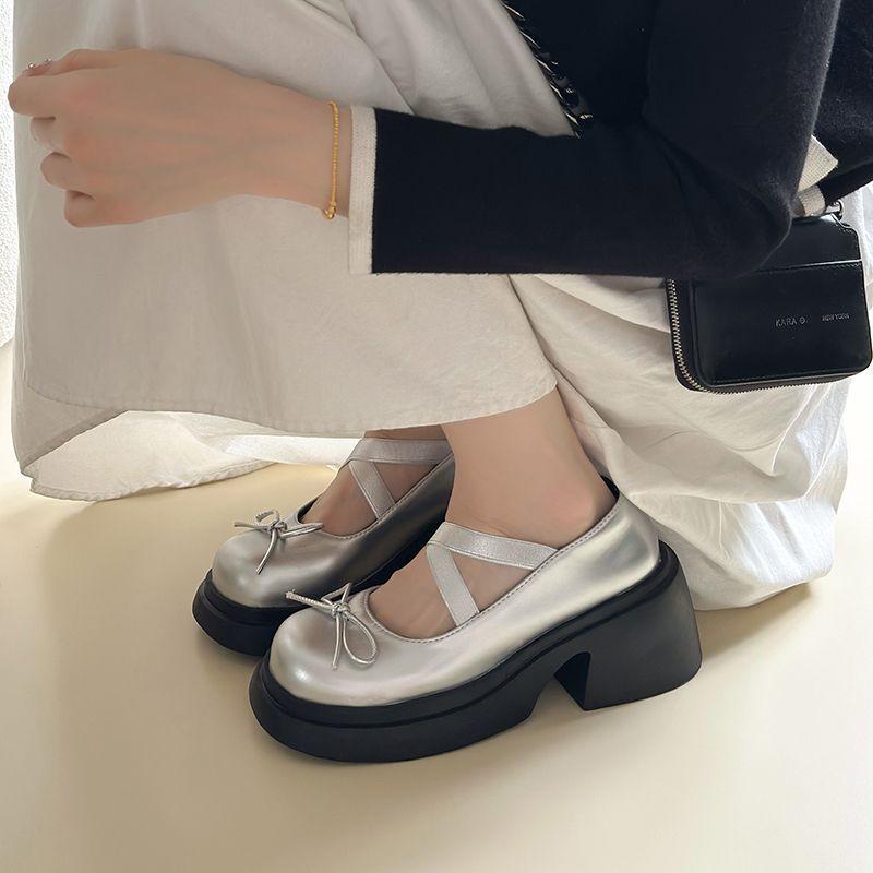 Stříbrné lodičky na platformě na vysokém podpatku Dámské Podzimní motýlek Překřížené Ramínka Boty Mary Jane Žena Pu Kůže Boty Jk na silném podpatku