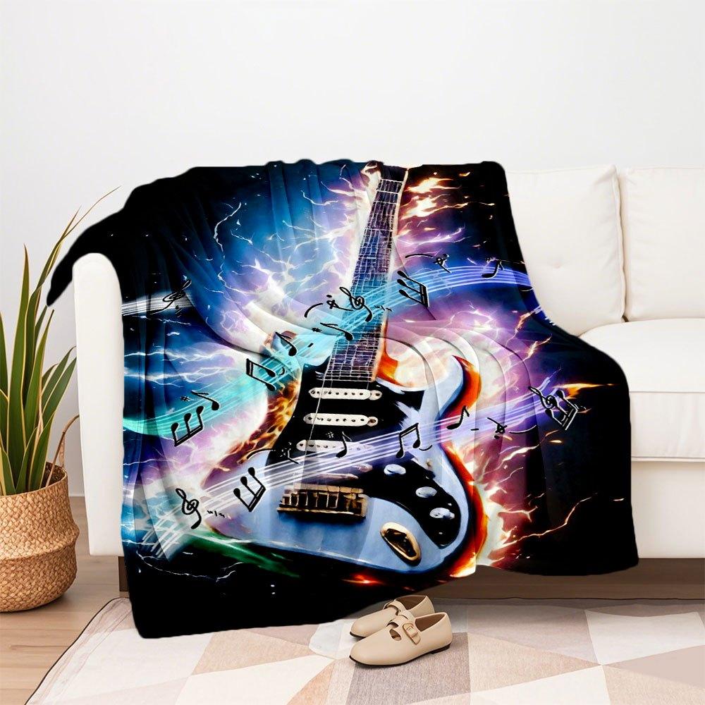 Electric Guitar Music Notes Flame Art Print PosterBlanket Flannel Throw Blanket for Sofa, Bed, Travel, Camping, Office
