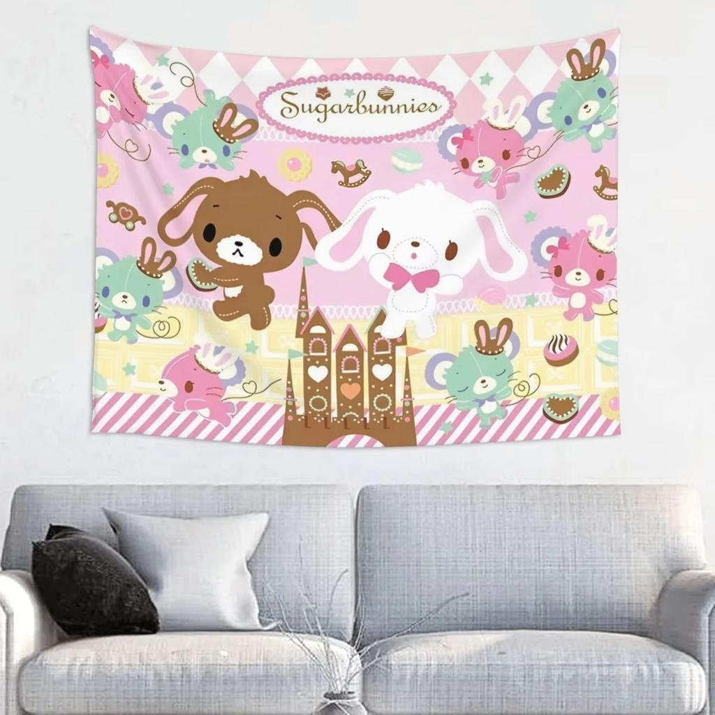 Sanrio Sugarbunnies Anime Printed Large Tapestry Wall Hanging Hippie Wallpaper Kawaii Cartoon Decoration Living Room Bedroom Hom