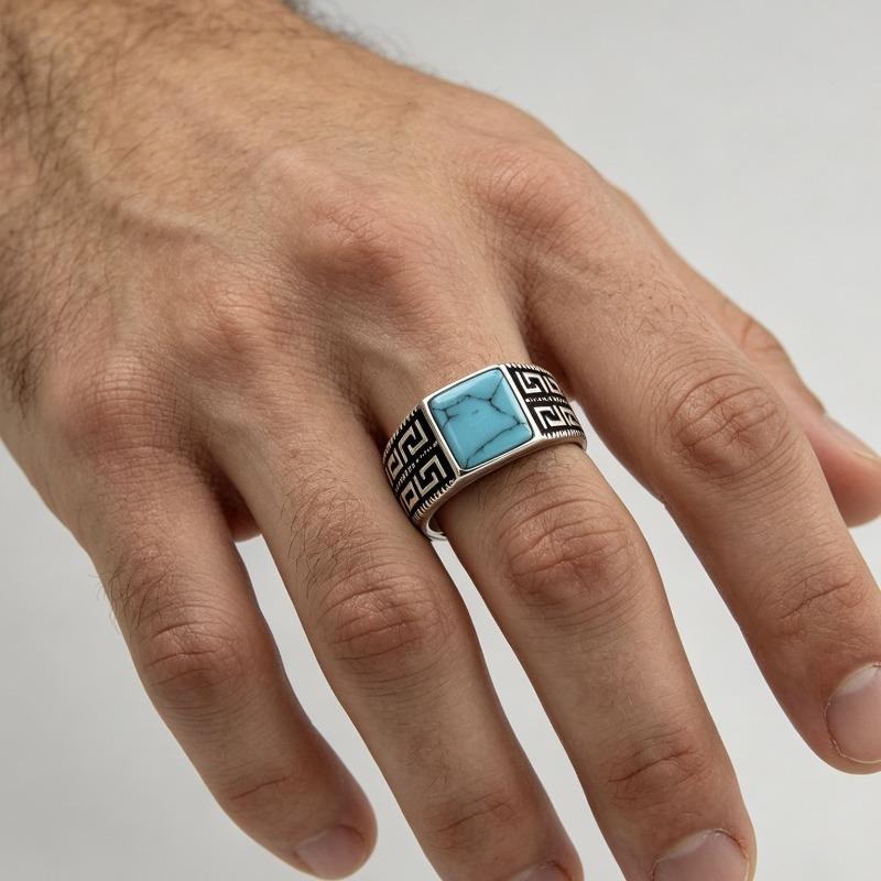 2026 New Men's Ring, Simple and Fashionable Square Diamond Blue Turquoise Men's Ring Striped Personalized Ring Tide