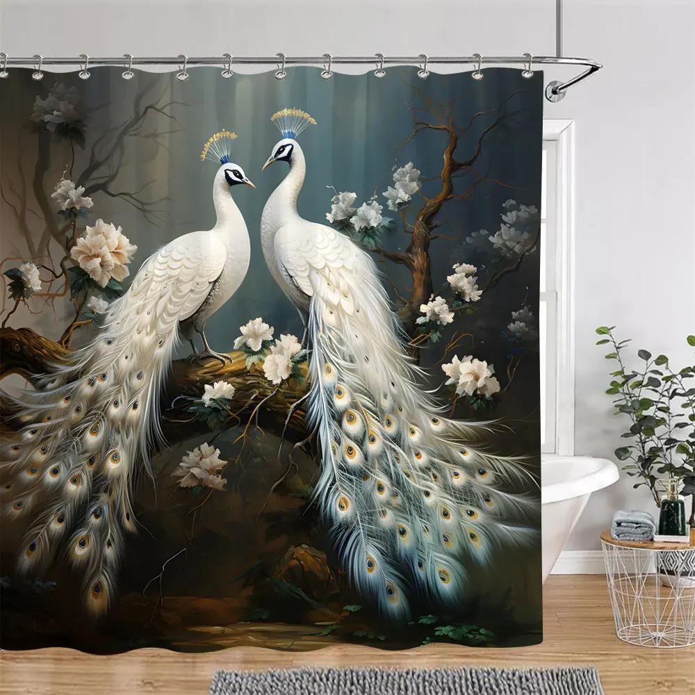 Vintage Peacock Shower Curtain Beautiful Turquoise Blue Peacock Floral Polyester Fabric Shower Curtain Bathroom Decor with Hooks