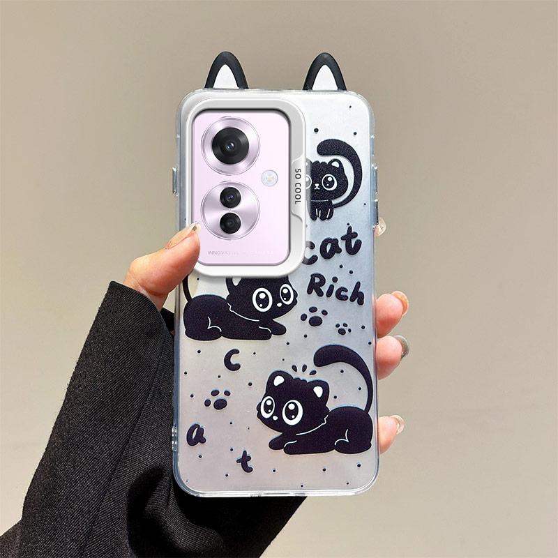 KEYSION Cute Ear Cartoon Case for OPPO Reno11 F 5G with Lanyard Soft Silicone+PC Shockproof Phone Back Cover for OPPO Reno 11F 5G