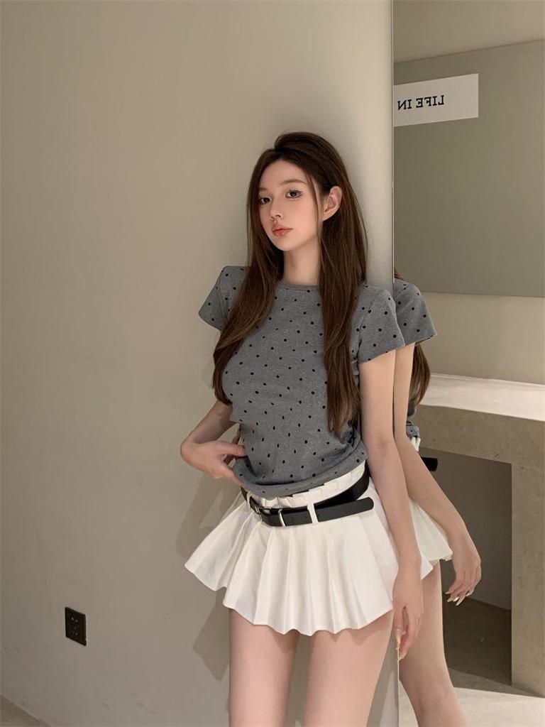 Women's Retro Polka Dot Short Sleeve T-shirt - 2026 Korean Slim Fit Summer Fashion