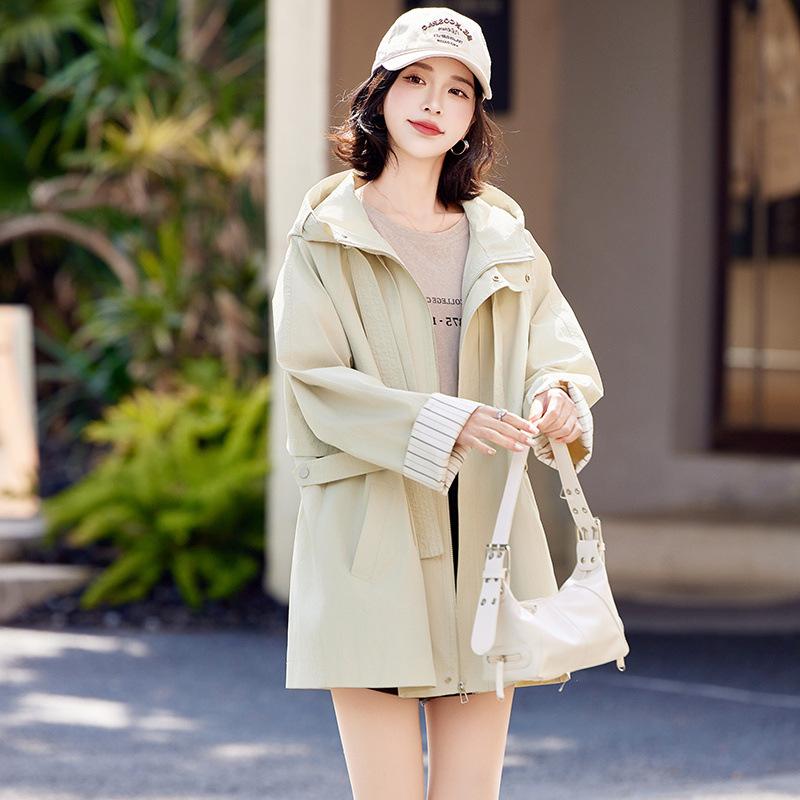 Spring new medium and long trench coat women's contrasting colors popular small hooded coat