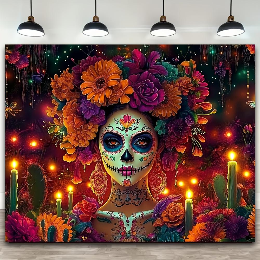 One Oversized Polyester Sugar Skull Background Banner, Featuring a Vivid Mexican Party Theme and a Skeleton Wall Decoration.zyc