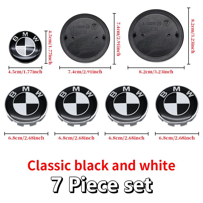 Universal Base Black White Badge Set for BMW 7Pcs 68mm 56mm 82mm 74mm Hood Trunk Wheel Steering Logo 7Pcs 2-Pin 3-Pin Clips Kit