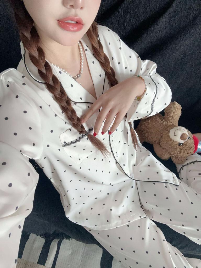 Autumn new ice silk small polka dot lace high-end long-sleeved trousers women's pajamas thin loose loungewear