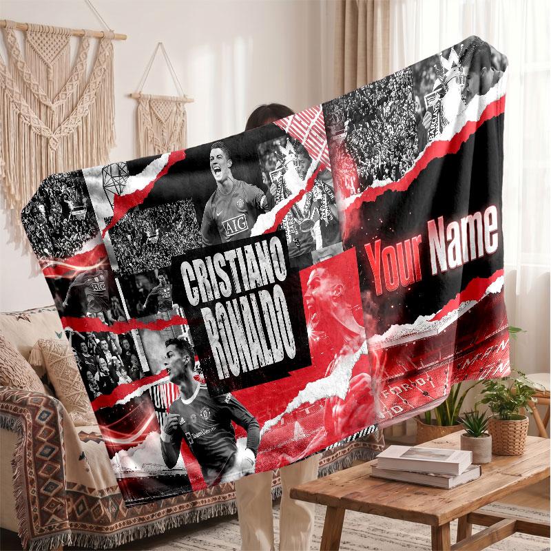 Coperta Personalizzata in Pile Cristiano Ronaldo con Logo Calcio, Testo Nome Personalizzato Morbida Calda Coperta da Divano per la Casa