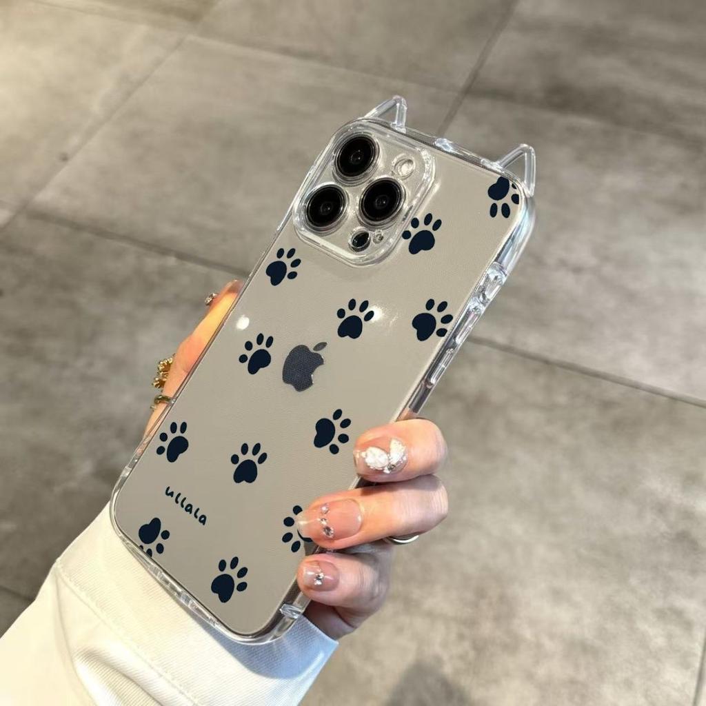 Cute full screen paw print suitable for Apple 17Promax mobile phone case cat ears IP16 transparent Air anti-drop 15/14