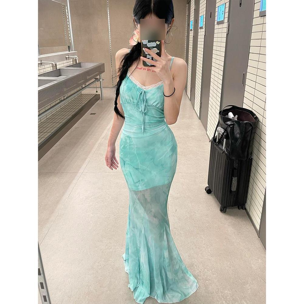 Light green butterfly print mesh suspender dress women's summer seaside vacation fishtail hip wrap long skirt