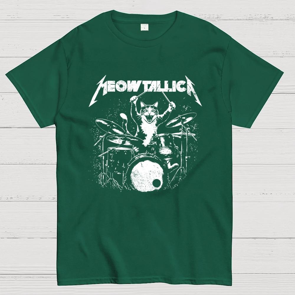 Meowtallica Cat Drummer funny cat Cotton Casual Cool Loose T-Shirt