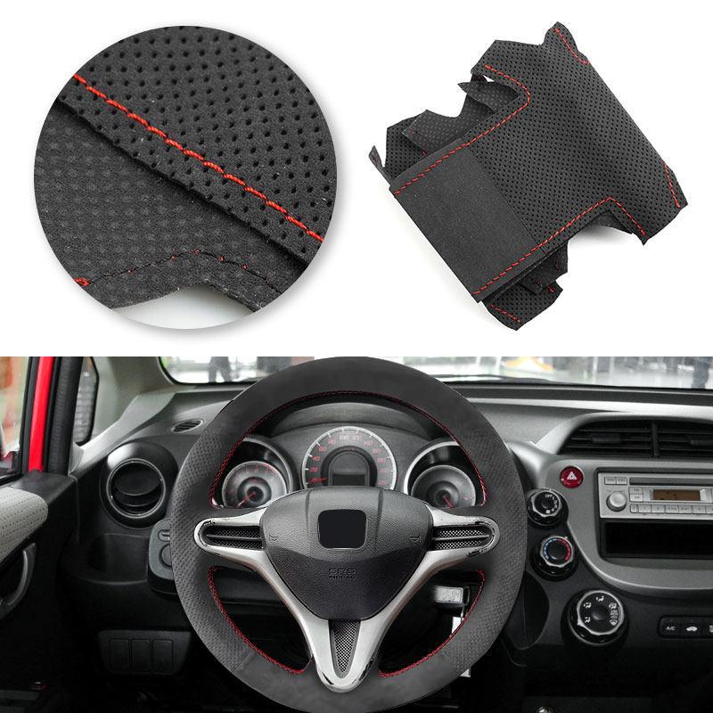 Suede Perforate Leather Car Styling Steering Wheel Cover Trim For Honda Fit Jazz City 2009 2010 2011 2012 2013 Ight 2010-2014
