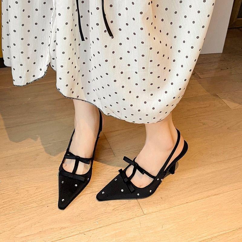 2025 new retro polka dot rhinestone bow high heels shallow mouth pointed thin heel versatile sexy women's single shoes