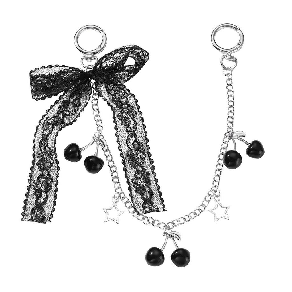 Retro Black & White Lace Bow Cherry Heart Star Keychain Charm