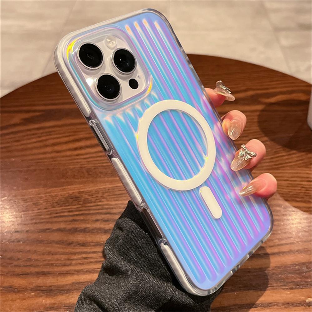 Luxury Aurora Laser Gradient Stripes Magnetic For Magsafe Case For iPhone 17 15 14 13 16 Pro Max Plus Wireless Charging Cover